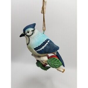 Winter Blue Jay Christmas Ornament Bird On Snowy Apple Branch 4" Wide